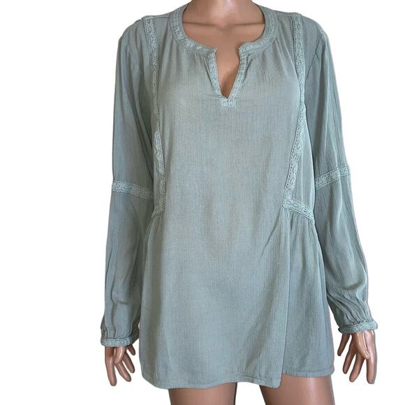 J. Jill blouse top BoHo Western crinkle cut V-neck sea foam green long sleeve LG - Picture 1 of 10
